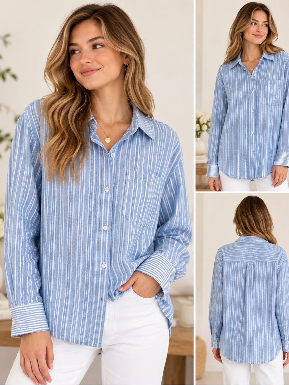Altar’d State Blue Ivory Striped Button Down Shirt Top M